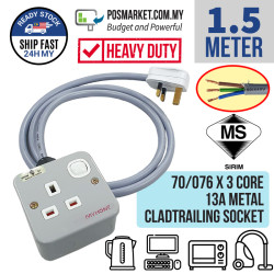 1 Gang Heavy Duty Power Extension with SIRIM 13A Plug Top 1.5 Meters Pure Copper Wire Full Copper Pin Metal-Clad Heavy-Duty Trailing Socket 1 Gang Heavy Duty Power Extension with SIRIM 13A Plug Top 1.5 Meters Pure Copper Wire Full Copper Pin Metal-Clad Heavy-Duty Trailing Socket