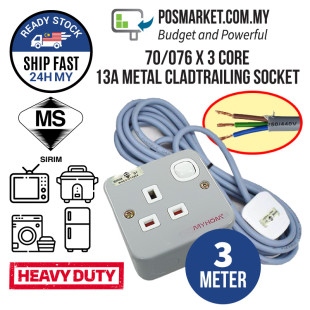 1 Gang Heavy Duty Power Extension 3 meter with SIRIM 13A Plug Top Full Copper Pin Metal-Clad Heavy-Duty Trailing Socket 100% Pure Copper Wire