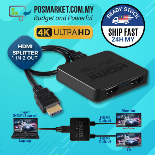 1 in 2 Out HDMI Splitter Full HD 4K 3D 1080p Video Malaysia Stock
